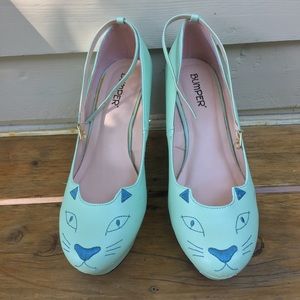 Bumper Embroidered Cat Wedges High Heels Blue